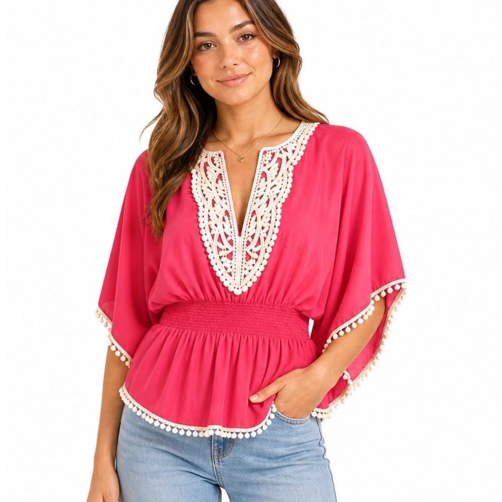 Fun & Flirt Vibrant Pink Kimono Sleeve Tunic Blouse